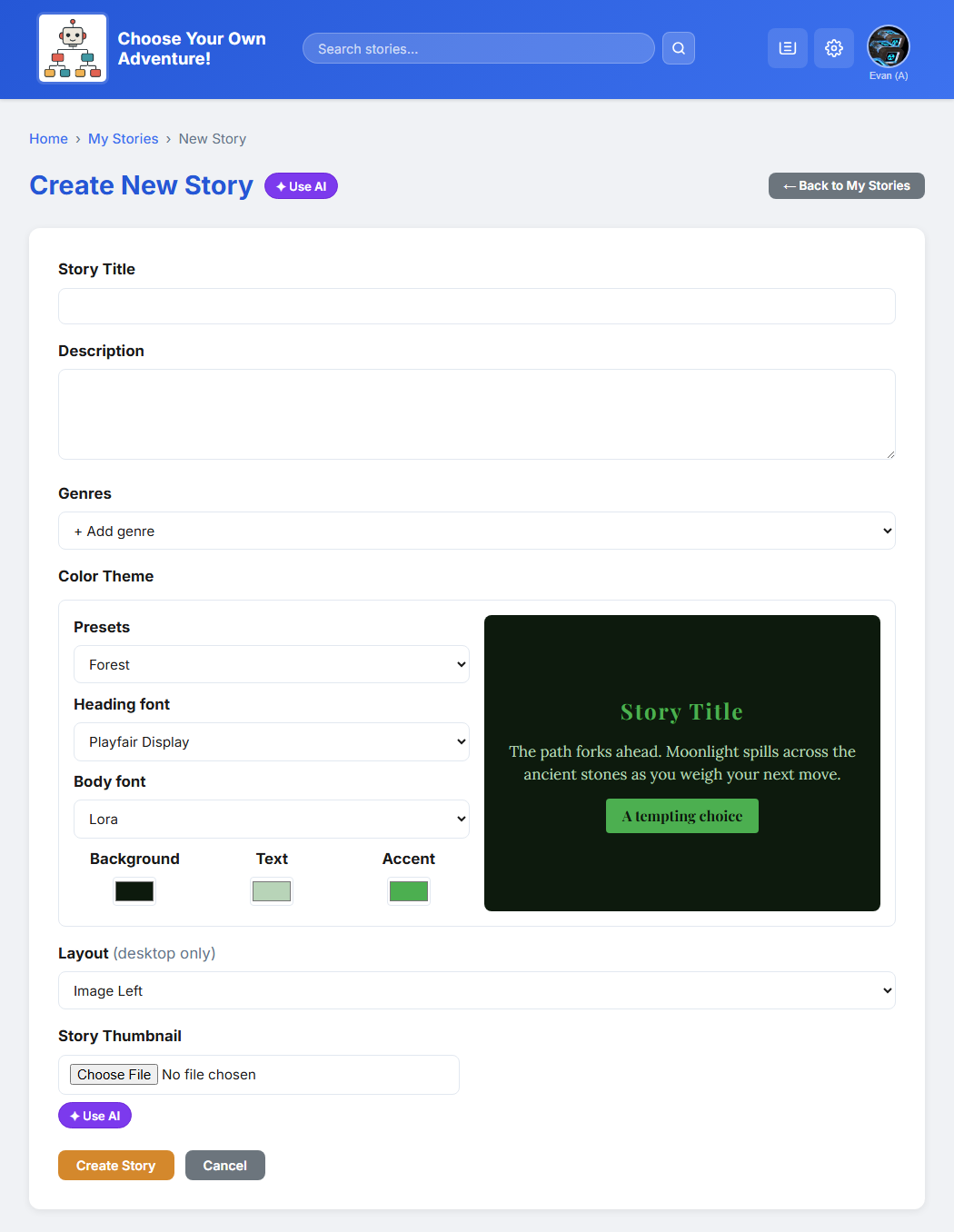 The form for creating a new story by hand